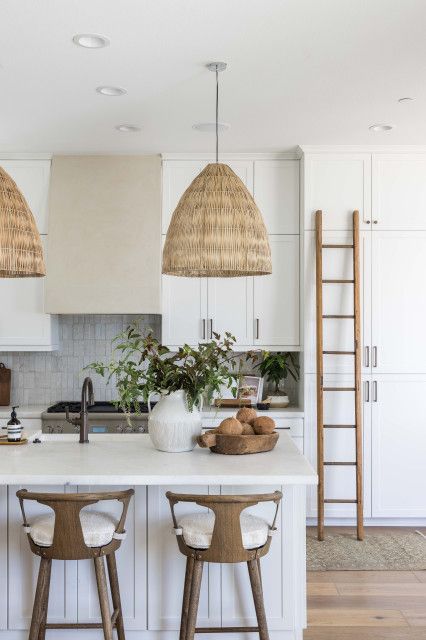 Casa Lincoln - Beach Style - Kitchen - Los Angeles - by Pure Salt Interiors | Houzz Modern Coastal Kitchen, Shiplap Kitchen, Beach Style Kitchen, Pure Salt Interiors, Coastal Kitchen Decor, Coastal Kitchen Design, Rattan Light Fixture, White Shiplap Wall, Pure Salt