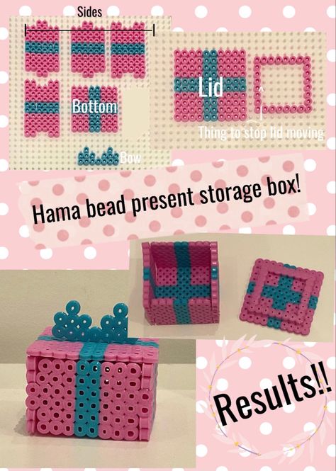 How To Make A Box Out Of Perler Beads, Perler Bead Containers, Hama Beads Gifts Ideas, Perler Bead Box Pattern, 3d Fuse Beads, Melted Bead Crafts, Hamma Beads Ideas, Easy Perler Beads Ideas, 3d Perler Bead