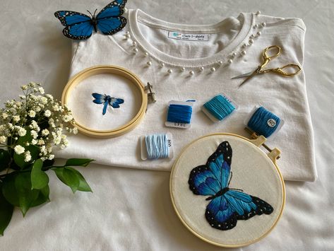 Blue Butterfly Embroidery, Lacing Techniques, Shoe Lacing, Shoe Lacing Techniques, Butterfly Embroidery, Embroidery Hoop Art, Embroidery Blouse, Embroidered Tshirt, Hoop Art