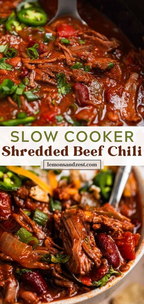 Slow Cooker Shredded Beef Chili Shredded Beef Chili Recipe, Shredded Beef Chili, Slow Cooker Shredded Beef, Beef Chili Recipe, Searing Meat, Pulled Beef, Chili Spices, Crockpot Chili, One Pot Dinners