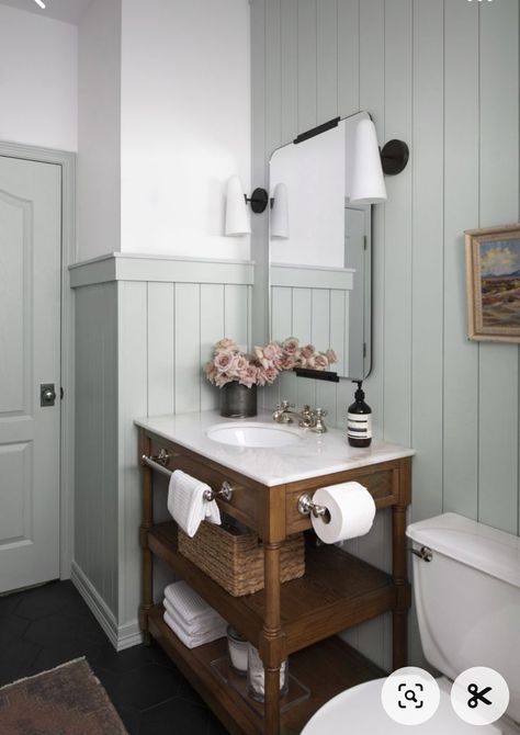 Bathroom Ideas With Paneling, Panelling In Bathroom Wall, White Panelling Bathroom, Beadboard Paneling Bathroom, V Groove Wall Panelling, Bathroom Remodel Paneling, Beadboard Bathroom Height, Bathroom With Wall Paneling, Sage Green Beadboard Bathroom