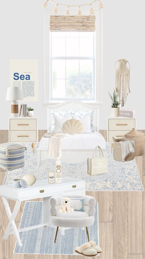 Costal Girl Room Aesthetic, Minimalist Beach Bedroom Ideas, Costal Girl Bedroom, Costal Teenage Bedroom, Coastal Vanilla Bedroom, Coastal Bedrooms Teen Girl, Urban Coastal Decor, Coastal Grand Daughter Room, Cute Coastal Bedroom