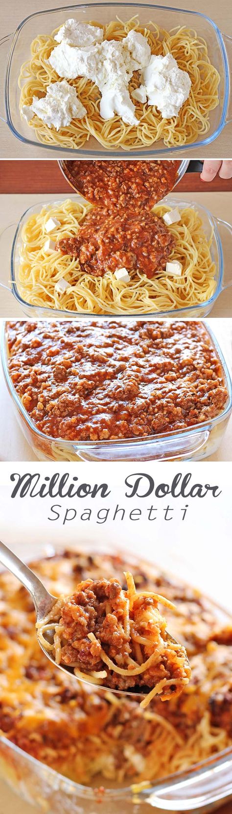 Spaghetti, spaghetti sauce, beef and cream cheese mixture meal ... that tastes like a million bucks. Million Dollar Spaghetti, Mexikansk Mat, Think Food, Spaghetti Sauce, Million Dollar, Tortellini, Marinara, Main Dish Recipes, Bologna