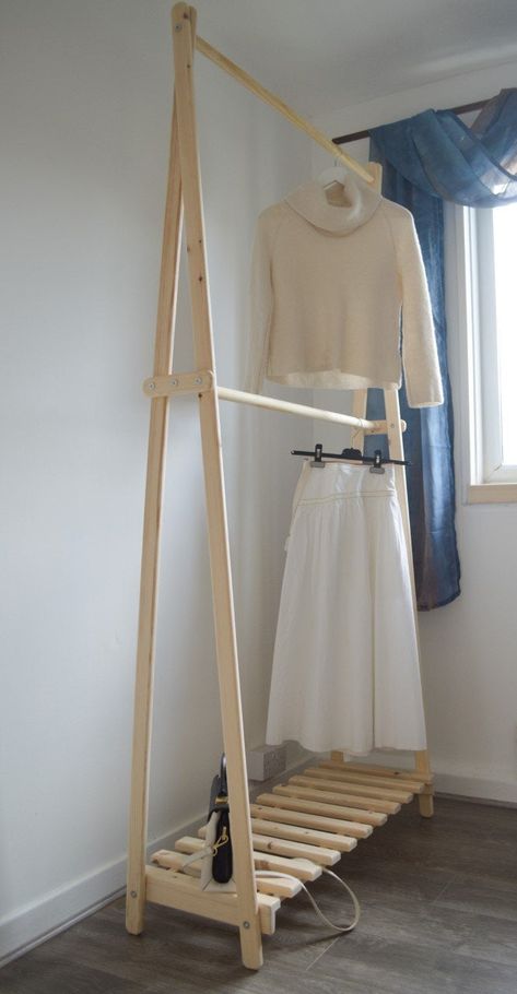 Clothes Rail in Natural Pine wood ! Dimensions: -the total height 206 cm -the distance from the floor to the hanging poles 120cm and 200 cm -the distance between the hanging rails 80cm -pallet shelf -total structure depth: approx. 36cm -height of shelf from floor: 14cm -the total length from left to right 100cm Hand Made. It is quick and easy to assemble When not in use you can quickly disassemble into pieces and stored away! We do not have the item in the stock. Expected delivery is 14 days. Th Clothes Rack With Shelves, Wooden Clothes Rack, Pallet Shelf, Diy Clothes Rack, Wood Clothes, Pallet Shelves, Clothes Rail, Diy Home Furniture, Clothes Rack