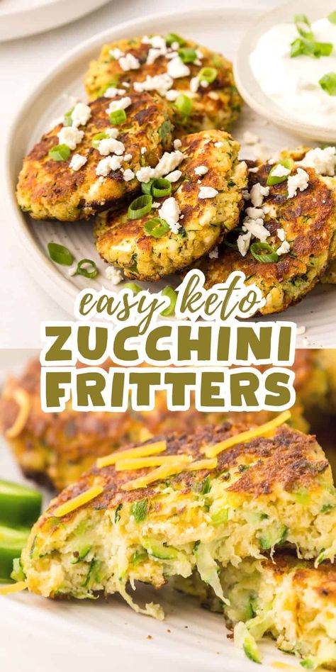 Keto Zucchini Fritters are an easy and delicious low carb side dish. They are crispy on the outside and tender on the inside. And I provide two two mouthwatering flavor variations! #zucchini Keto Zucchini Fritters, Abundant Garden, Baked Zucchini Fritters, Fresh Vegetable Recipes, Keto Veggies, Low Carb Side Dish, Keto Vegetables, Zucchini Patties, Zucchini Fritters Recipe