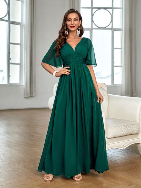 Dark Green Elegant  Half Sleeve Chiffon Plain A Line Embellished Non-Stretch All Weddings & Events Birthday Frocks, Braidsmaid Dresses, Mommy Dress, Floral Print Chiffon Dress, Bridesmaid Dresses With Sleeves, Maid Of Honour Dresses, Beautiful Prom Dresses, Classy Casual Outfits, Chiffon Bridesmaid Dress