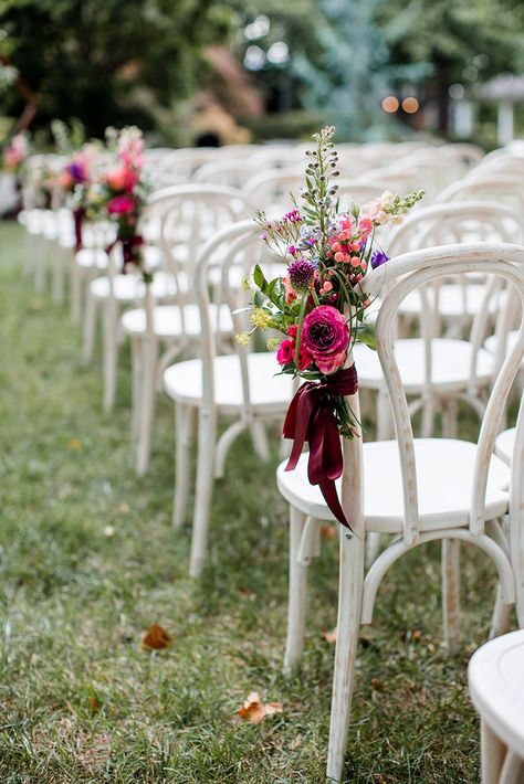 Wedding With White Chairs, Outdoor Wedding Chair Decorations, Ceremony Aisle Markers, Colorful Flower Arrangements, Wedding Ceremony Chairs, Wedding Aisle Outdoor, Summer Wedding Ceremony, Outdoor Garden Wedding, Aisle Markers