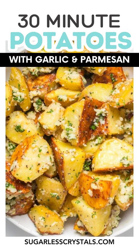 Looking for a simple yet irresistible side dish? Look no further! These Roasted Garlic Parmesan Potatoes only take 30 minutes to prepare and they are absolutely scrumptious! Perfect for weeknight dinners or potlucks, they're sure to impress and become a new favourite. Oven Garlic Potatoes, Potato Side Dish For Bbq, Simple Potato Side Dishes, Side For Pork Chops, Potato Side Dishes For Bbq, Garlic Potatoes In Oven, Parmasean Potatoes, Quick Potato Side Dishes, Potato Side Dishes Easy Quick