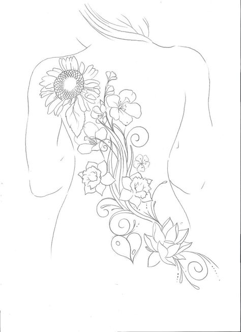 Back Template For Tattoo, Back Tattoo Drawings Women, Back Tattoo Women Tree, Across Back Tattoo Women, Back Tattoo Women Traditional, Full Back Tattoo Women Flowers, Big Spine Tattoos For Women, Back Tattoo Template, Intricate Back Tattoo