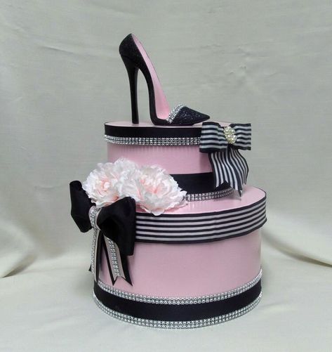 "PLEASE READ OUR DESCRIPTION, SHIPPING AND POLICY. Centerpiece and gift boxes.  Gifts can be placed inside each box. Box is 16\" tall with shoe place on top.  Bottom box is 10 1/2\" wide.  Tall enough to make a statement but not take all the space on the table. Beautiful pink box with black glittered stiletto high heel shoe with pink insole to be placed on top. Resin shoe 6\" long.  Black and white strip ribbon, pink flowers and silver bling accent the box. Boxes are NOT GLUED TOGETHER and need Shoes Centerpieces High Heel, Quince Centerpiece, Denim Comforter, Quince Centerpieces, Bride Groom Dancing, Cinderella Invitations, Paris Tea, Wedding Cake Topper Figurines, Paris Birthday Parties