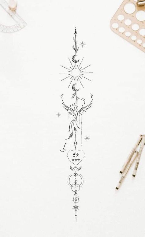 Pheonix Spinal Tattoo, Black And White Spine Tattoos, Good Energy Tattoo Ideas, Spine Phoenix Tattoo, Dainty Back Tattoo Women, Tattoo Ideas Nature Simple, Elegant Wolf Tattoo, Sun Moon Spine Tattoo, Pheonix Tattoo For Women Spine