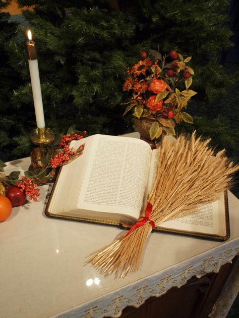 Thanksgiving bible with wheat Thanksgiving Decorations For Church Altar Ideas, Fall Altar Decorations, Harvest Table Ideas, Fall Church Decorations Sanctuary, Fall Church Decor, Thanksgiving Decorations Church, Church Thanksgiving Decorations, Church Fall Decorations, Harvest Decorations For Church