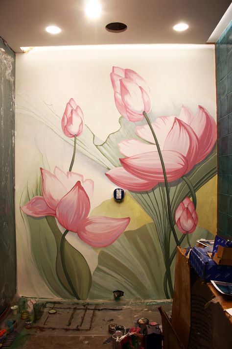 Lotus Mural Wall Art, Flower Paintings On Wall, Lotus Flower Mural, Wall Paint Art Ideas, Room Wall Painting Ideas Creative, 3d Wall Art Painting, Bedroom Wall Paint Designs, Flower Painting On Wall, 3d Wall Art Ideas