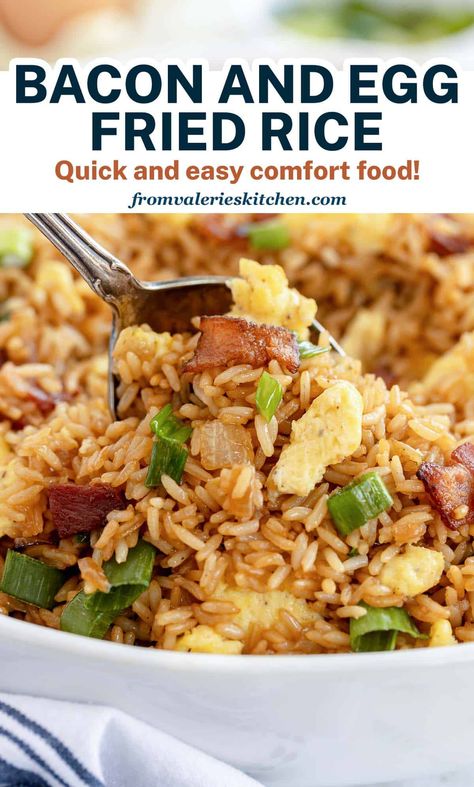 The classic flavors of bacon and eggs quickly stir-fried with rice, onions and soy sauce. This quick and easy Bacon and Egg Fried Rice recipe is delicious any time of day or night! Bacon Fried Rice Recipe, Best Fried Rice Recipe, Breakfast Fried Rice, Egg Fried Rice Recipe, Rice Dishes Recipes, Egg Rice, Fried Rice With Egg, Fried Rice Recipe Easy, Fakeaway Recipes