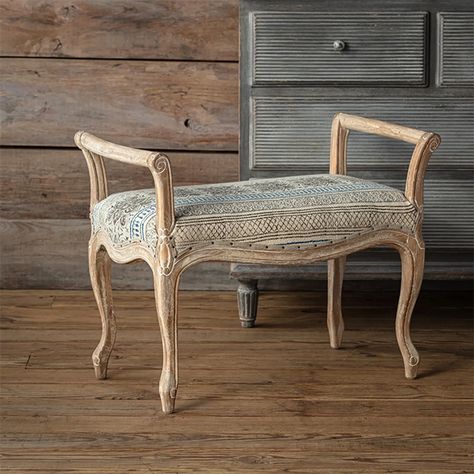 <p>Our <strong>French Country Farmhouse Vanity Bench</strong> is full of vintage-inspired charm that will suit your living room, foyer, or bedroom. Featuring a curved frame with a whitewashed finish and French-inspired upholstery, this chic seat will highlight any space in farmhouse fashion. Use this gorgeous wood bench with a cushioned seat top at the end of your bed, in your closet, in your entry, or as a gorgeous vanity chair.</p> French Country Vanity, Farmhouse Fashion, French Bench, Cottage French, Farmhouse Vanity, Villa Maria, Farmhouse French Country, Living Room Foyer, Entry Bench