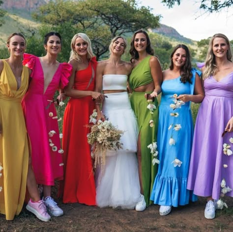 Too colorful example Prom Satin Dress, Colourful Bridesmaids, Rainbow Bridesmaid Dresses, Satin Dress Wedding, Bright Bridesmaid Dresses, Bridesmaid Dresses Different Colors, Rainbow Bridesmaids, Bridesmaids Outfits, The Olsen Twins