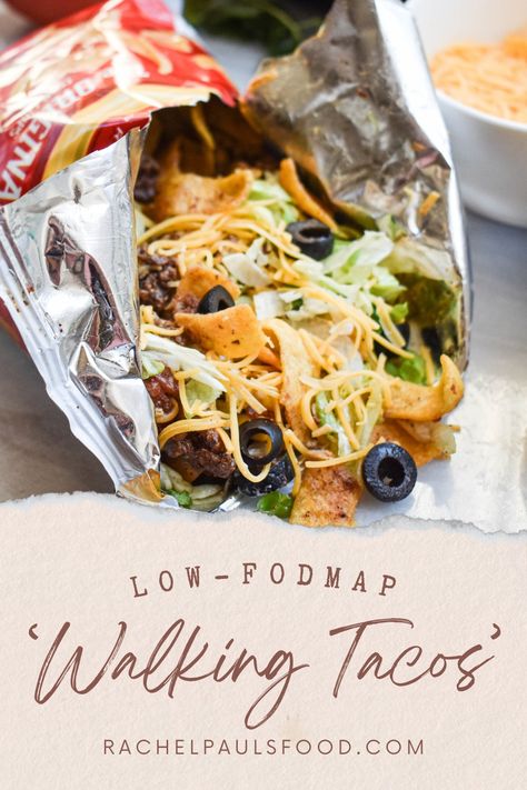 Low-FODMAP & Gluten-free Walking Tacos | Rachel Pauls Food Low Fodmap Chicken Tacos, Low Fodmap Taco Seasoning, High Protein Low Fodmap Meals, Lowfodmap Easy Meals, Low Food Map Recipes, Low Food Map, Low Fodmap Lunch Ideas, Fodmap Dinner Recipes, Fodmap Baking