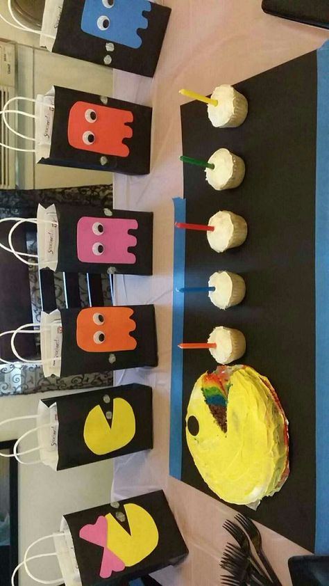 Pacman Theme Birthday party ...hand made...Kaydin's 5th birthday party 80s Arcade Birthday Party, Pacman Theme Party, Pacman Party Ideas, Arcade Birthday Cake, Arcade Birthday Party Ideas, Arcade Party Ideas, Pac Man Birthday Party, Pacman Birthday Party, Arcade Themed Birthday Party