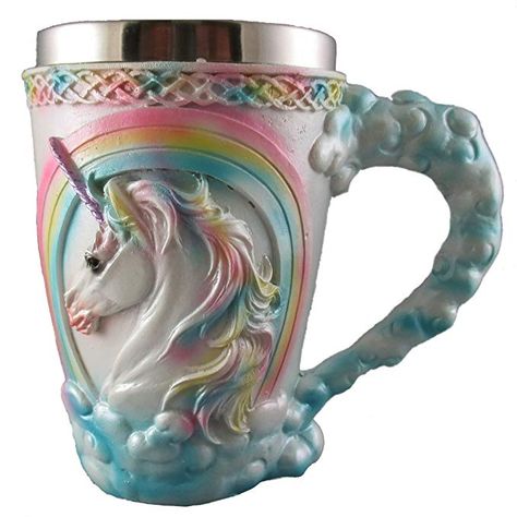 Rainbow Unicorn Coffee Mug, Cute Mythical Tankard, Magical Drinking Glass, Stainless Steel Fantasy Cup, Medieval Celtic Knot Design Unicorn Coffee Mug, Unicorn Coffee, Tea Cup Collection, Unicorns And Mermaids, Celtic Knot Designs, Magical Life, Unicorn Theme, Celtic Knots, Rainbow Items