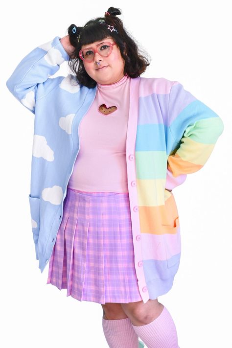 Cloud Cardigan Outfit, Rainbow Dress Aesthetic, Cloudcore Outfits, Pastel Clothes Outfits, Rainbow Outfit Aesthetic, Cloud Outfit, Goth Aesthetic Outfit, Whimsical Clothes, Cute Pastel Outfits