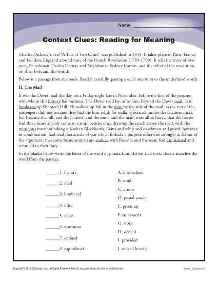 A passage from "A Tale of Two Cities" is the focus for this context clues worksheet. Context Clues Worksheets 1st Grade, Comprehension Interventions, Context Clues With Nonsense Words, Nonsense Words Context Clues, Context Clues Graphic Organizer, Using Context Clues To Determine Meaning, Context Clues Worksheets, High School Reading, Vocabulary Instruction