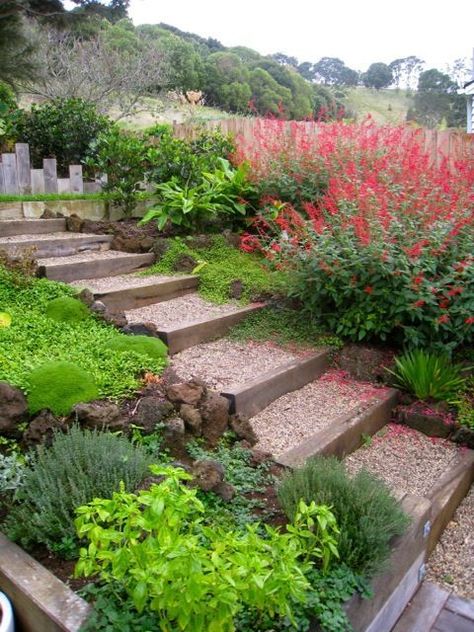 Side Yard Slope Landscaping Ideas, Outdoor Steps On A Slope, Steps In Garden, Log Steps, Steep Hill Landscaping, Yard Stairs, Hawaii Garden, Backyard Hill Landscaping, Steep Gardens