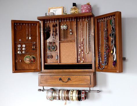 Jewelry Cabinet/earrings Organizer With Drawer /TEAK Stain/ - Etsy Jewelry Organizer Cabinet, Earrings Storage, Jewelry Organizer Wall, Jewelry Drawer, Earring Storage, Jewelry Cabinet, Earring Organizer, Cabinets Organization, Earring Display