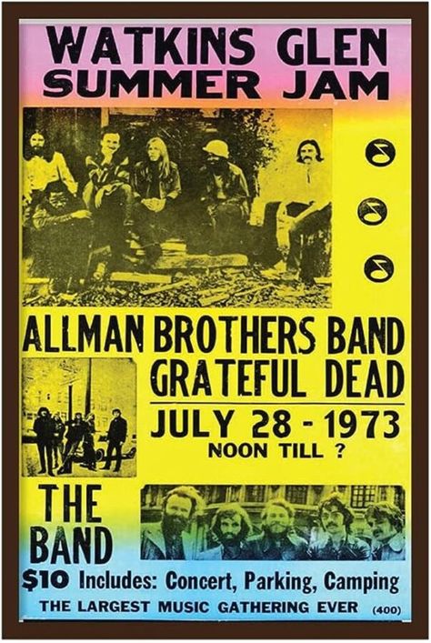 Music Concert Posters, Vintage Concert Posters, Vintage Music Posters, Summer Jam, Allman Brothers Band, The Jam Band, Watkins Glen, Allman Brothers, Rock Festivals