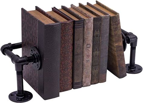 Steampunk Office Decor, Industrial Bookends, Pipe Curtain Rods, Steampunk Shop, Decorative Bookends, Pipe Decor, Diy Pipe, Shelf Dividers, Steampunk Decor