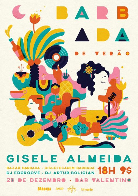 BARBADA is an event that happens in Brazil. It's focused on contemporary music and features performances by local and national bands and DJs. Both the event and the design of the posters intend to carry the rich brazilian culture. #musicalband #musical #band Band Cover Art Graphic Design, Good Vibes Design, Summer Festival Poster, Ilustrasi Dan Poster, Poster Tipografi, Colorful Event, Brazilian Culture, Illustration Design Graphique, Posters Conception Graphique