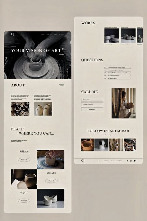 Landing page, website design, minimalist, UI/UX, pottery workshop. Minimalistic Website Design, Website Design Minimalist, Minimalist Web Design, Landing Page Website, Graphic Design Portfolio Layout, Studio Layout, Adobe Photoshop Design, Minimalist Layout, Portfolio Website Design