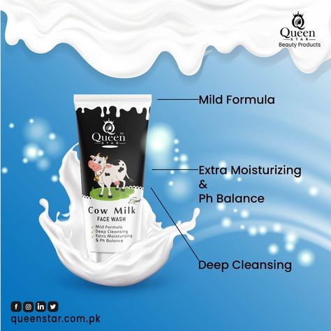 Cow Milk face wash deep cleanses the skin and effectively wash away impurities and tans. Cow Milk Face Wash helps stimulate cell regeneration by increasing the rate of the dead cell shedding, new cell production and collagen formation. Daily use face wash, a soap free formula, clarifies and cleanses your skin of impurities, giving you a clear, radiant and even complexion. . . . #facewash #whiteningfacewash #whiteningfacewash❤️ #queenstar #skincare #skinprotection #pakistanfashion #freshskin Milk Cosmetics, Milk Face Wash, Milk Face, Fairness Cream, Skin Burns, Tan Removal, Cow Milk, Whitening Face, Wax Strips