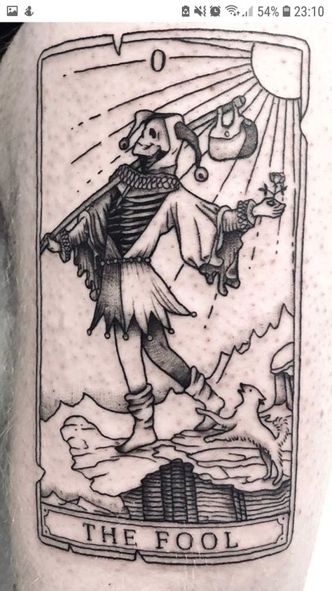 Mens Tarot Card Tattoo, Fools Tarot Card Tattoo, Joker Tarot Card Tattoo, 7 2 Card Tattoo, Terro Cards Tattoos, Tarot Card Tattoo Hermit, Tarot Fool Tattoo, The Fool Tarot Tattoo Design, The Fool Card Tattoo