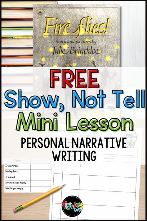 This book makes a great mentor text for a personal narrative genre writing unit! Kids can relate to Fireflies by Julie Brinckloe and use some of the strategies she uses to revise their writing workshop stories. Read this post for mini-lesson ideas, an anchor chart, and freebie for Show, not Tell! Great for kindergarten and first grade. Second Grade Personal Narrative Writing, Sentence Starters For Narrative Writing, Writing For 3rd Grade Writer Workshop, Personal Narrative Anchor Charts, Show Don't Tell Writing Activities, Personal Narrative Mentor Text 2nd Grade, 3rd Grade Writing Lessons, Writing Ideas For 3rd Grade, Personal Narrative Middle School