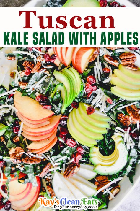 Tuscan Kale Salad is the perfect Fall salad full of sweet, crisp, and savory flavor! A simple salad to make and healthy too! Do you love Fall salads!? I sure do!! This big bowl of kale salad will make you a kale lover! This year and every other year I get asked to bring a salad to my in-law’s Thanksgiving lunch! | Kay's Clean Eats @kayscleaneats #fallsaladrecipes #thanksgivingsides #thanksgivingsalad #thanksgivinglunch #fallrecipes #fallsalad #kayscleaneats Kale Salad With Apples, Tuscan Kale Salad, Sweet Salad Dressings, Fall Salads, Thanksgiving Lunch, Tuscan Kale, Salad With Apples, Thanksgiving Salad, Fall Salad