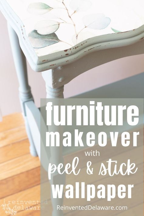 Are you looking for an easy end table makeover idea? You will love this idea that uses a surprise for the tabletop! End Table Top Ideas, Refurbish End Table Ideas, Tabletop Makeover Diy, Repainted Side Table, Painted Tabletop Ideas, Tabletop Painting Ideas Diy, Wallpaper On Table Top, Outdoor End Table Ideas, Using Wallpaper On Furniture