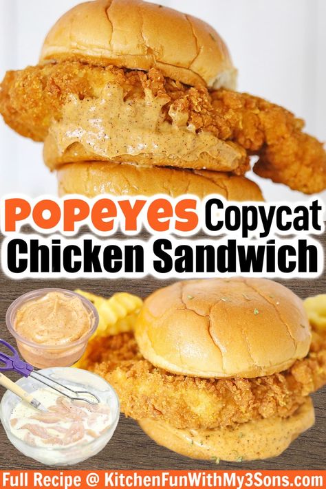 This copycat Popeyes Chicken Sandwich Recipe is so easy to make at home. Crispy and juicy fried chicken served on a brioche bun, then topped with spicy mayo and pickles. Sauce For Fried Chicken Sandwich, Popeyes Chicken Sandwich Recipe Copycat, Deep Fried Chicken Sandwich, Copycat Popeyes Chicken Sandwich, Popeyes Chicken Recipe, Copycat Popeyes Chicken, Popeyes Spicy Chicken Sandwich, Popeyes Spicy Chicken Recipe, Popeyes Chicken Sandwich Recipe