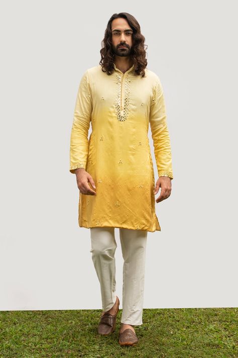 Yellow bam silk ombre shaded kurta with mirror embroidery. Comes with ivory cotton silk pyjama pant. Component: 2 Pattern: Embroidered Type Of Work: Mirror Neckline: Mandarin collar Sleeve Type: Full Fabric: Kurta : Bam silk, Pant : Cotton silk Color: Yellow Other Details:  Embroidered collar and placket Occasion: Mehendi and Puja - Aza Fashions Kurta And Dupatta, Mens Indian Wear, Wedding Kurta For Men, Silk Pajama Pants, Haldi Outfits, Yellow Kurta, Traditional Suit, Mirror Embroidery, Silk Pant