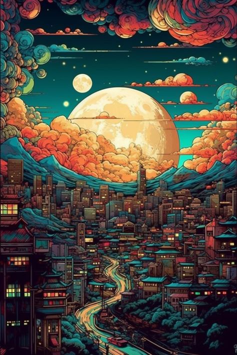 Enter a world beyond your wildest imagination with this mesmerizing art print featuring a futuristic metropolis located on an alien planet. The stunning landscape is a symphony of colors, with stars and massive planetary satellites visible in the sky. The attention to detail in this artwork is astounding, showcasing an intricate and dynamic cityscape that will keep you captivated for hours on end. #GiveMeMood #extraterrestrial #futuristic #alienworld #cityscape #metropolis #fantasyart #scifi Watercolor Paint Set, Planets Art, Alien Planet, Cool Wallpapers Cartoon, Wave Art, Cool Wallpapers Art, Watercolor Paint, Environment Concept Art, Landscape Wallpaper