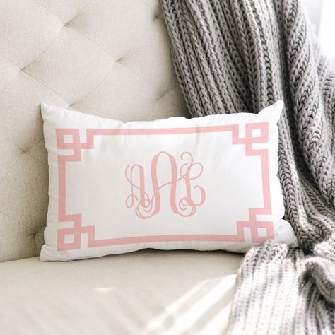 AAL Light Pink Greek Key Script Monogram Lumbar Pillow Girl Dorm Decor, Sorority Decorations, Throw Pillows Dorm, College Bedroom Decor, Girly Preppy, Dorm Pillows, Preppy Decor, Monogram Pillows, Script Monogram