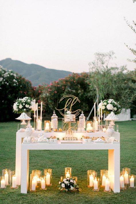 Romantic Destination Wedding in Greece with the Most Gorgeous Dessert Table ⋆ Ruffled Easy Wedding Desserts, Blue Goblets, Lots Of Candles, Wedding Candy Table, Wedding In Greece, Wedding Sweets, White Hydrangeas, Wedding Cake Table, Wedding Dessert Table