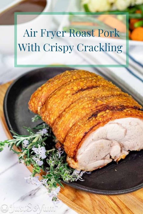 This super juicy pork roast with crispy crackling is one the family will love. Super easy to make and a great alternative method to cooking it in the oven. Porkloin Airfryer Recipes, Air Fryer Pork Crackling, Pork Loin Roast Air Fryer, Airfryer Pork Loin Roast, Pork In The Air Fryer, Air Fry Pork Loin Roast, Airfryer Pork Roast, Air Fried Pork Loin, Roast Pork In Air Fryer