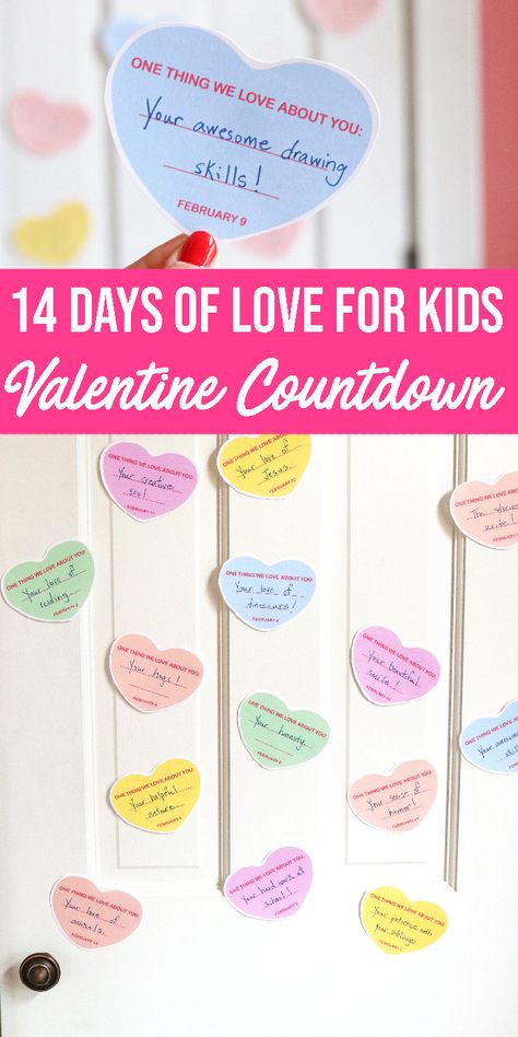 14 days of what you love about your child are what you get with this Valentine's Day Door Idea for kids! This free printable Valentine's Day door hearts is such a fantastic way to encourage and uplift your child! #diy #Printable #whatiloveaboutyou #forkids #ideas #whatIlike #printablesforkids #free #valentinesdayideas Valentines Day Gifts For Him Creative, Diy Hearts, Valentines Day Cards Diy, Family Valentines Day, Valentinstag Party, Valentine Messages, Valentine Gifts For Kids, Valentine's Day Crafts For Kids, Printable Valentines