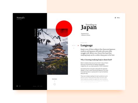 Hello people!  Here is another shot, this time featuring a blog layout. My typesetting with serifs could use some work so I'm taking this opportunity to practice :)  Tell me what you think   P.S. C... Travel Magazine Layout, Travel To Japan, 잡지 레이아웃, Blog Website Design, Desain Ui, Japanese Travel, Magazine Layout Design, Blog Layout, Web Ui Design