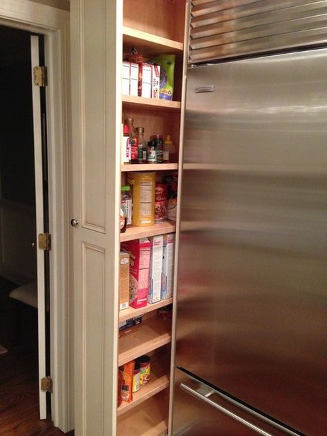 Pull Out Fridge Cabinet, Pull Out Cabinet Next To Refrigerator, Pantry Pullout, Traditional Pantry, Pullout Cabinet, Narrow Cabinet Kitchen, Pull Out Pantry Shelves, Narrow Pantry, Pull Out Kitchen Cabinet