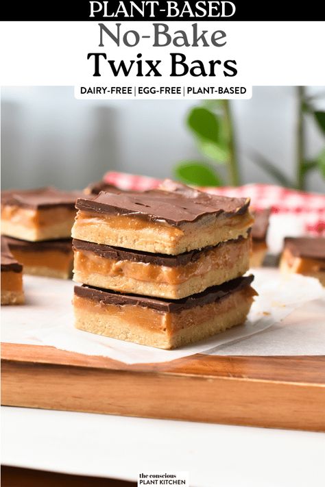 No-Bake Twix Bars (No Oven, Dairy-Free, 20 Minutes) - The Conscious Plant Kitchen No Bake Twix Bars, Healthy Twix Bars, Conscious Plant Kitchen, Twix Bars, Vegan Biscuits, Twix Bar, Raw Vegan Desserts, Instagram Recipes, Plant Kitchen