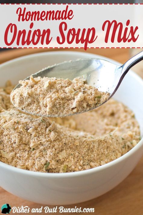 Homemade Onion Soup Mix Recipe from dishesanddustbunnies.com Homemade Onion Soup, Onion Soup Mix Recipe, Homemade Dry Mixes, Homemade Seasoning, Homemade Spice Mix, Lipton Onion Soup Mix, Homemade Ketchup, Homemade Pantry, Homemade Baking