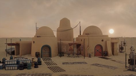 Star Wars Buildings Concept Art, Tatooine Buildings, Tatooine House, Starwars Architecture, Mos Eisley, Star Wars Planets, Star Wars Room, Adobe House, Star Wars Models