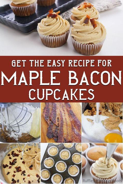 Maple Bacon Cupcakes | You are not going to believe how fabulous the flavors come together for these maple bacon cupcakes. They're simple, unique and definitely a worthy experience. | Follow RufflesAndRainBoots.com to see more cupcake recipes! Bacon Cupcakes Recipe, Gourmet Cupcake Recipes, Maple Bacon Cupcakes, Bacon Cupcakes, Specialty Cupcakes, Unique Cupcakes, Easy Cupcake Recipes, Gourmet Cupcakes, Candied Bacon