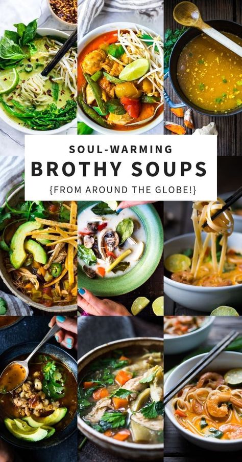 20 Healthy Broth Based Soup Recipes from around the world. Delicious and simple, with many paleo, gluten-free and vegan options! | #broth #brothbasedsoup #bonebroth #veganbroth #soup  via @feastingathome Broth Based Soup Recipes, Brothy Soups, Brothy Soup Recipes, Healthy Broth, Recipes From Around The World, Diner Recept, Broth Recipes, Healthy Detox, Think Food